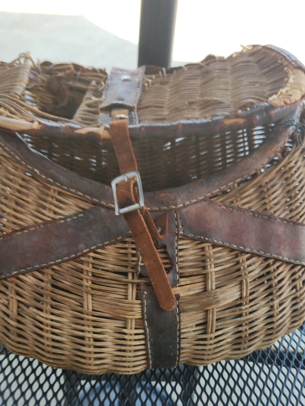 Vintage Woven Rattan Fishing Bag with Brown Leather Trim